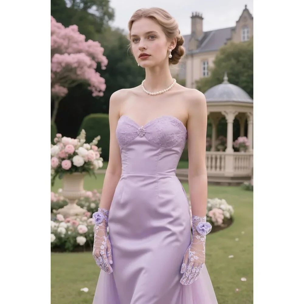 Women's Purple Floral Lace Opera Elegant Evening Party Prom Gloves Accessories - Picture 4 of 6